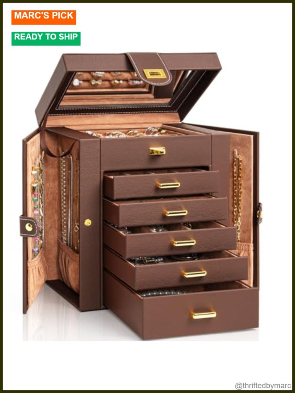 6-Tier Jewelry Box Organizer with Mirror, Faux Leather & Velvet Lining, 5